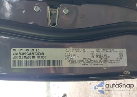 2020 Dodge Journey Se Value z USA, uszkodzony, nr VIN 3C4PDCAB7LT259628